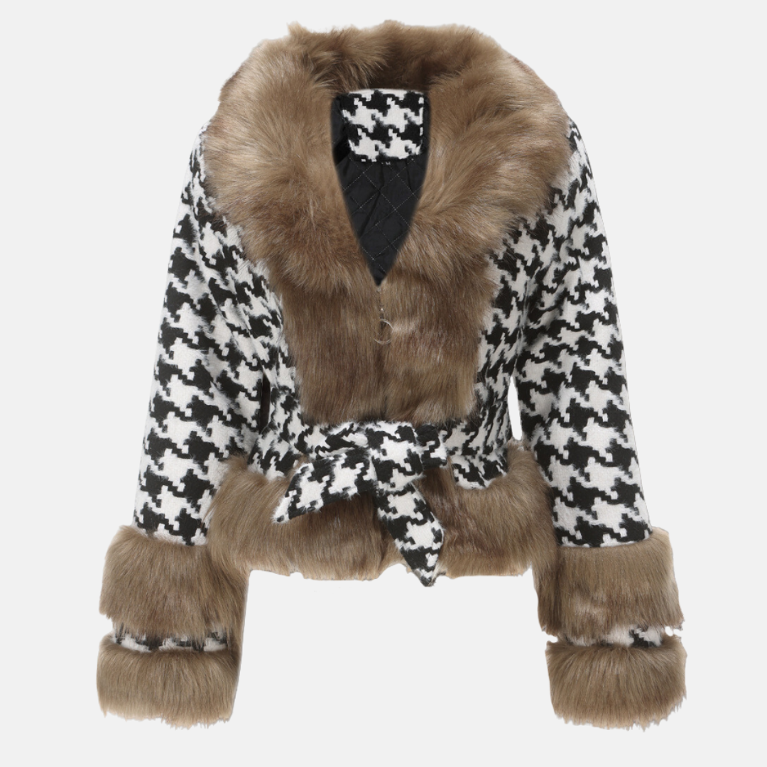 Women's black-and-white houndstooth wool blend short coat with fur trim and belted waist