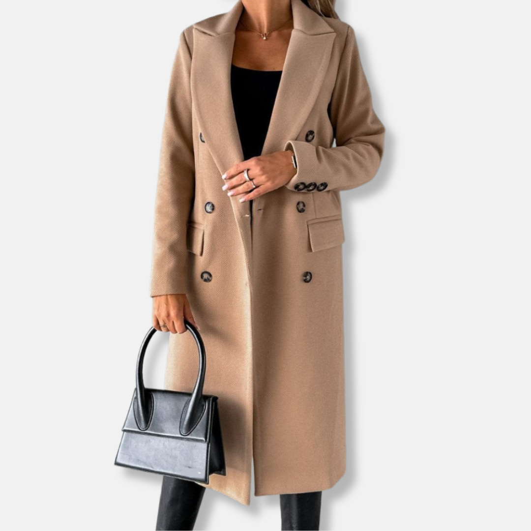 Women's longline wool coat in classic double-breasted notch lapel style, tailored straight mid-calf silhouette