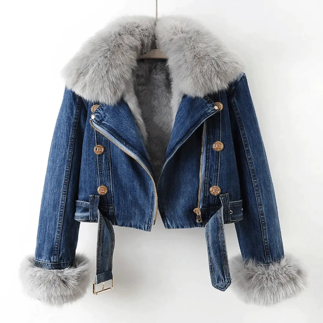 Blue denim jacket with plush fur lining, urban elegance style, cropped cut, luxurious winter layering piece