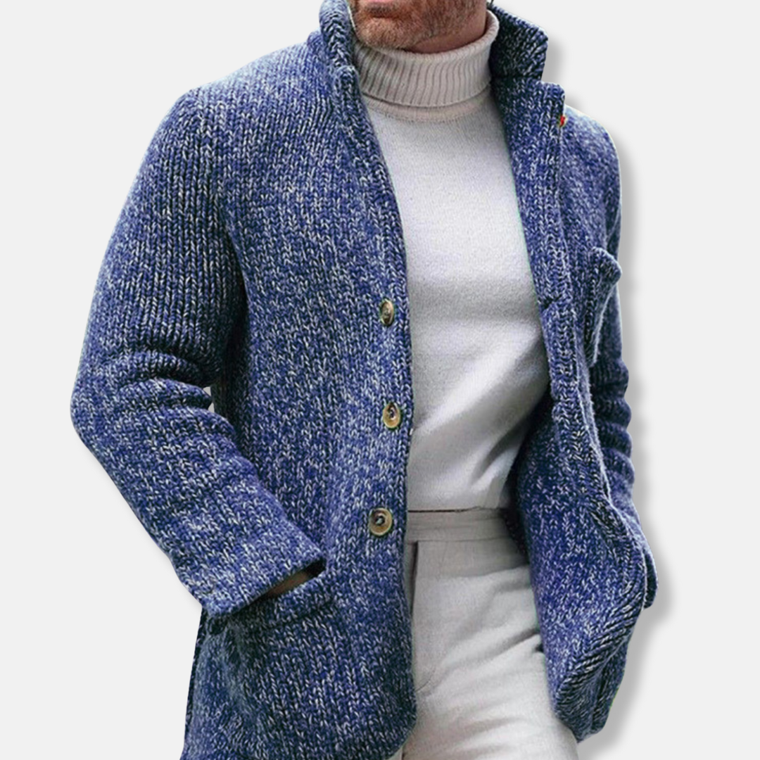 Men's textured knit cardigan stand collar single breasted patch pockets smart casual gray
