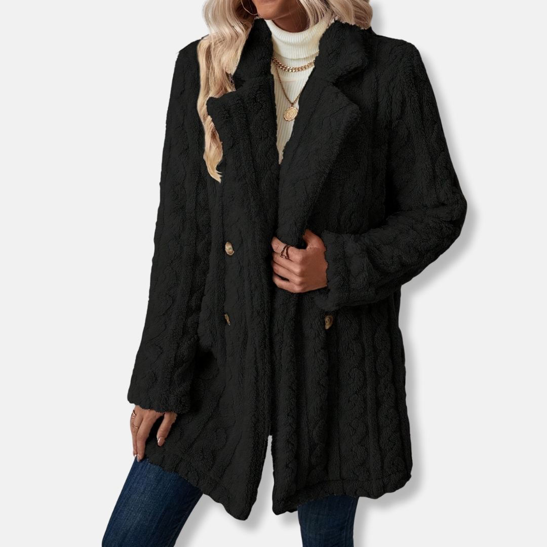 Women's beige knit coat double-breasted notched lapel mid-thigh length straight silhouette