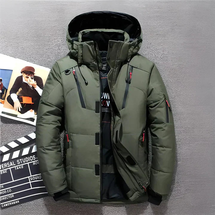 Men's black quilted puffer jacket with detachable hood, windproof insulated winter coat urban style