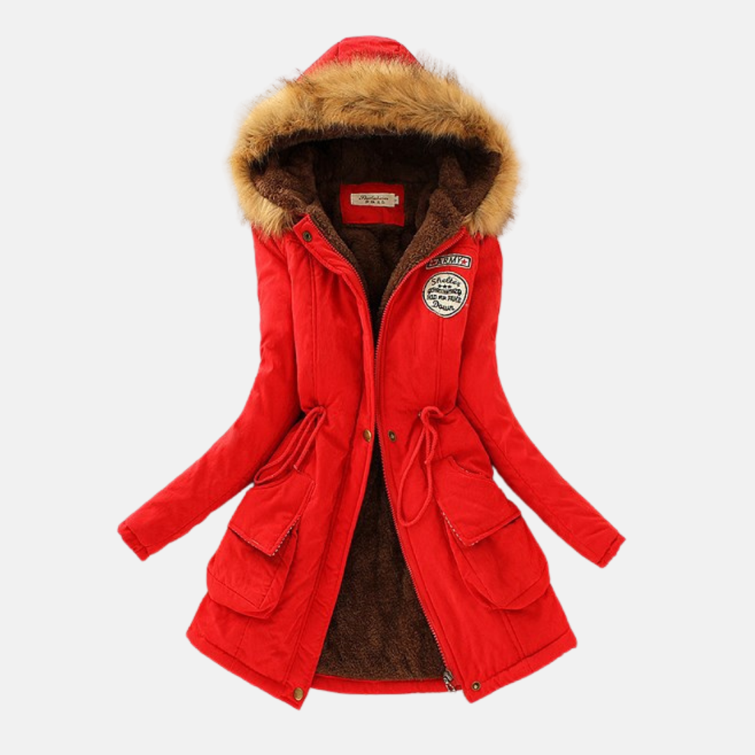 Women's winter parka coat with sherpa lining, faux fur hood, drawstring waist, and side pockets