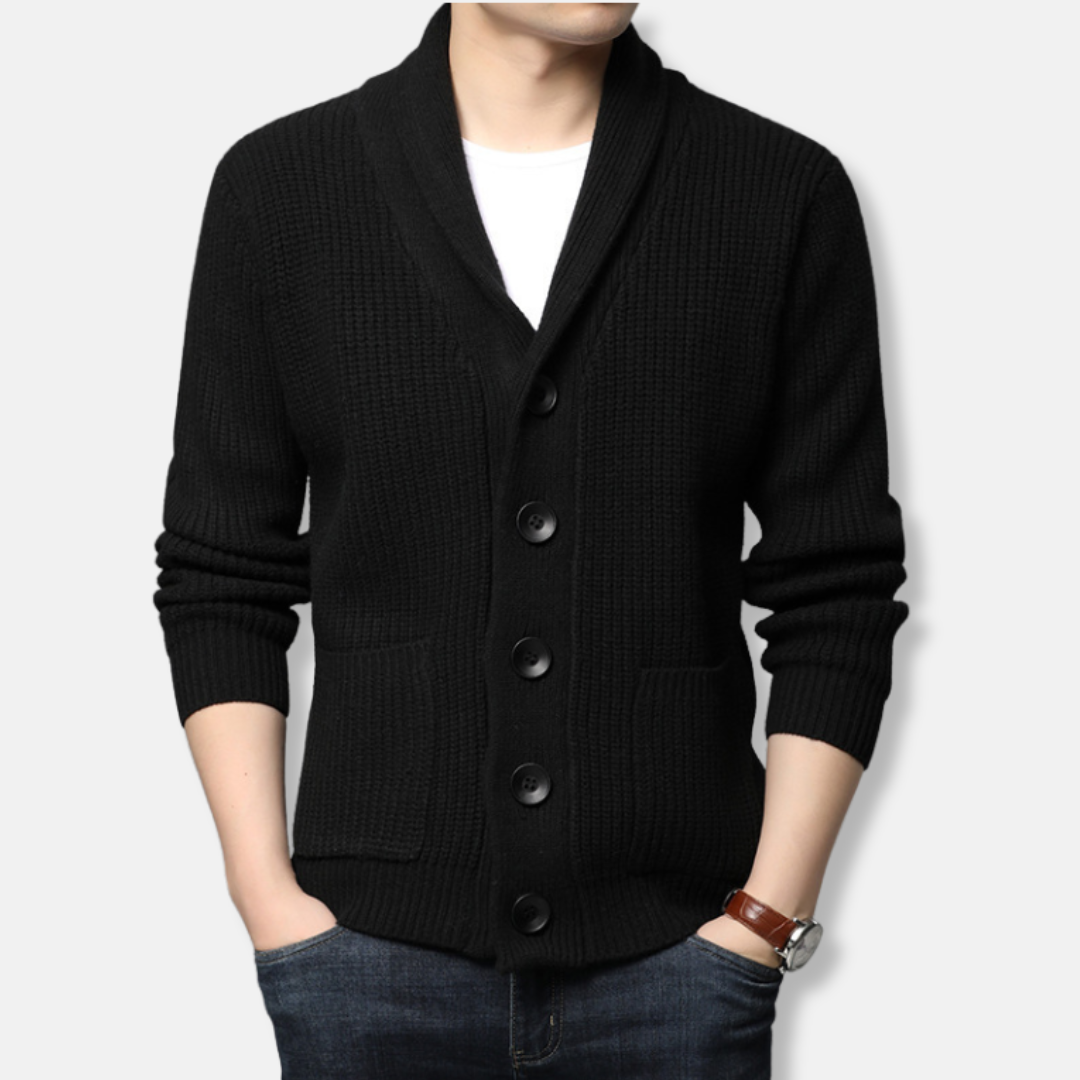 Men's ribbed knit cardigan sweater with shawl collar, button front, and patch pockets