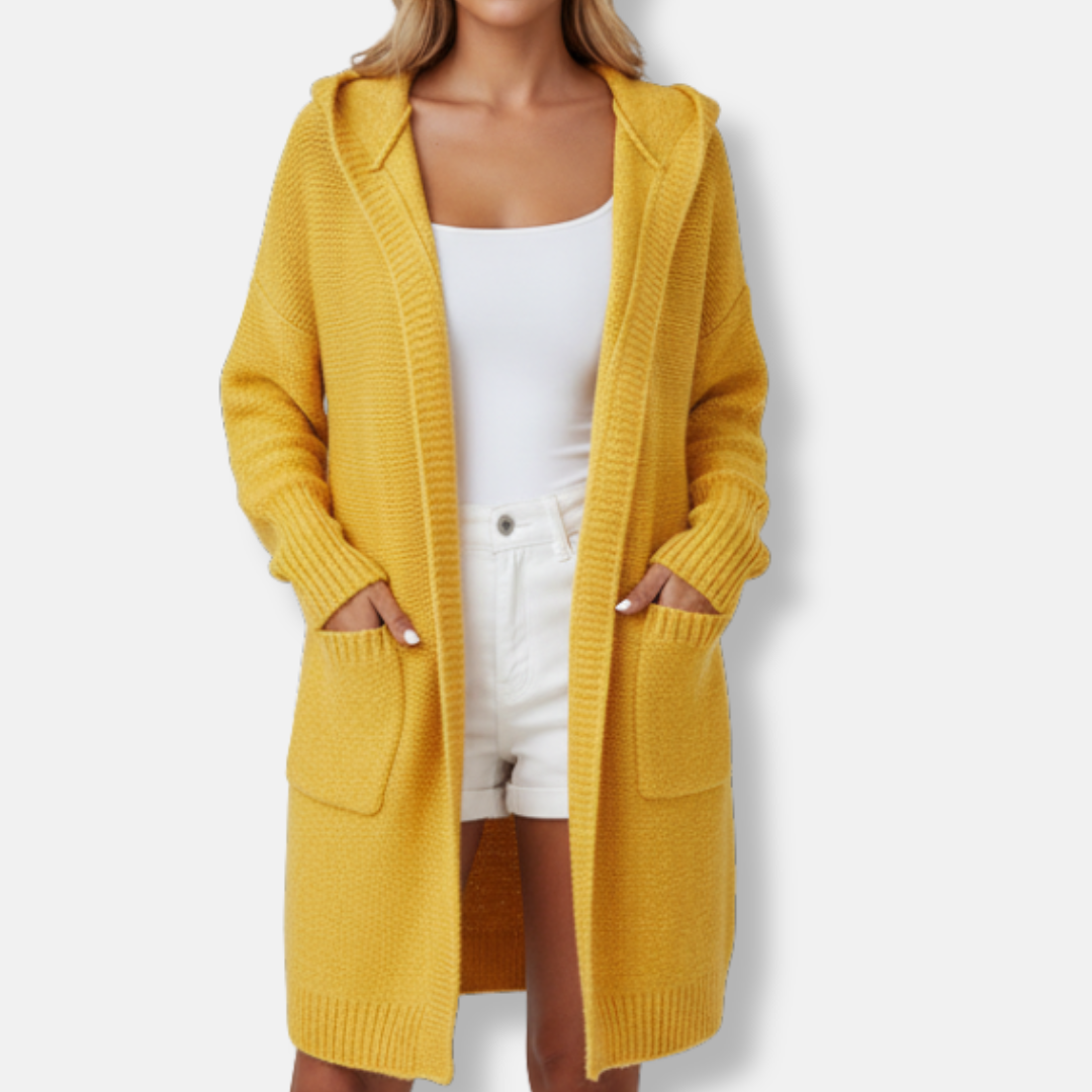 Women's oversized hooded cardigan in knit wool blend, relaxed fit, knee-length with cozy draped silhouette