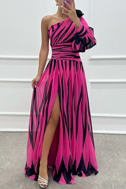 Striped one-shoulder asymmetric maxi dress women elegant flowing silhouette wedding guest fashion