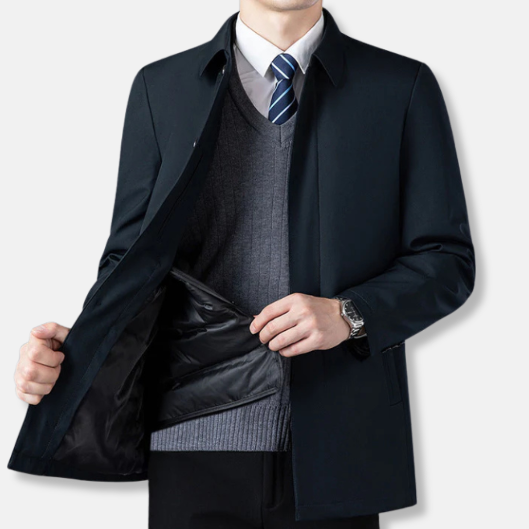 Men's tailored wool-blend blazer classic collar button front mid-length formal jacket