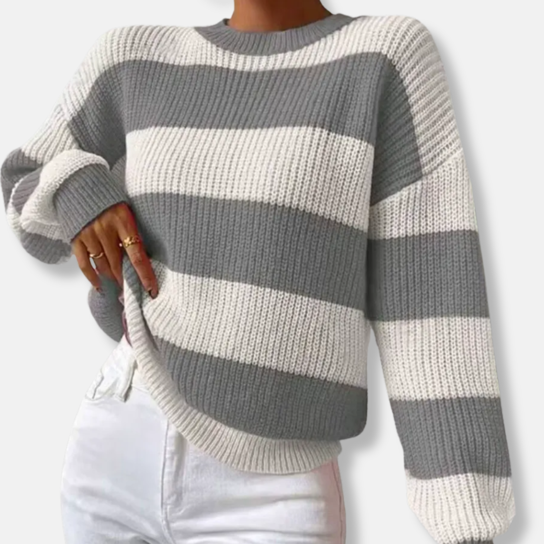 Women's striped ribbed knit sweatshirt loose fit beige ivory balloon sleeves relaxed silhouette
