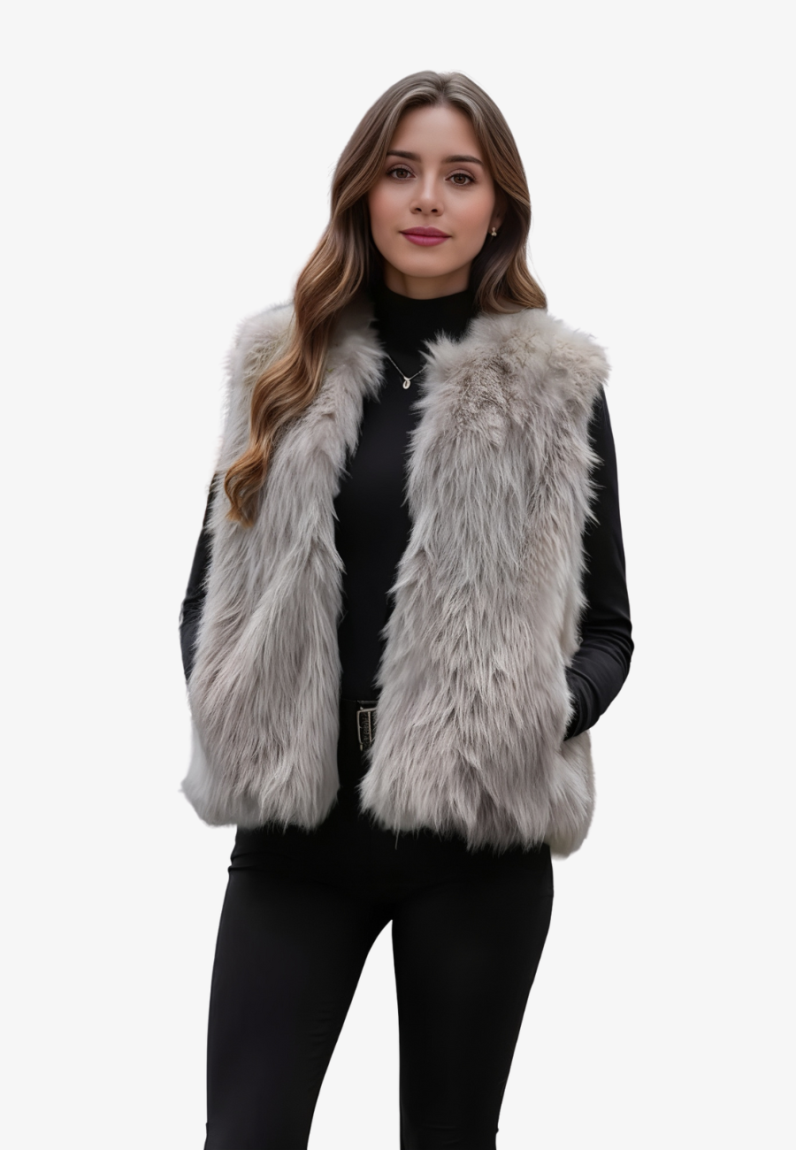 Women's ivory faux fur sleeveless open-front vest with plush texture for elegant layered styling