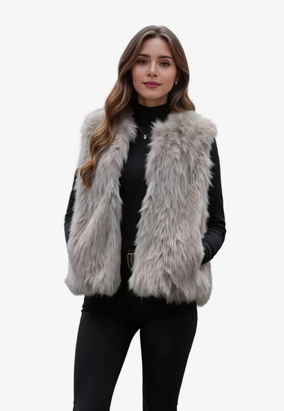 Women's ivory faux fur sleeveless open-front vest with plush texture for elegant layered styling