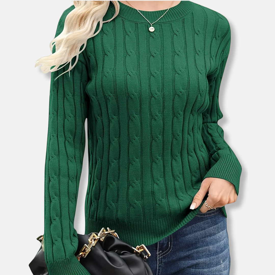 Women's cream cable knit sweater fine gauge crew neck long sleeve relaxed hip-length wool-blend