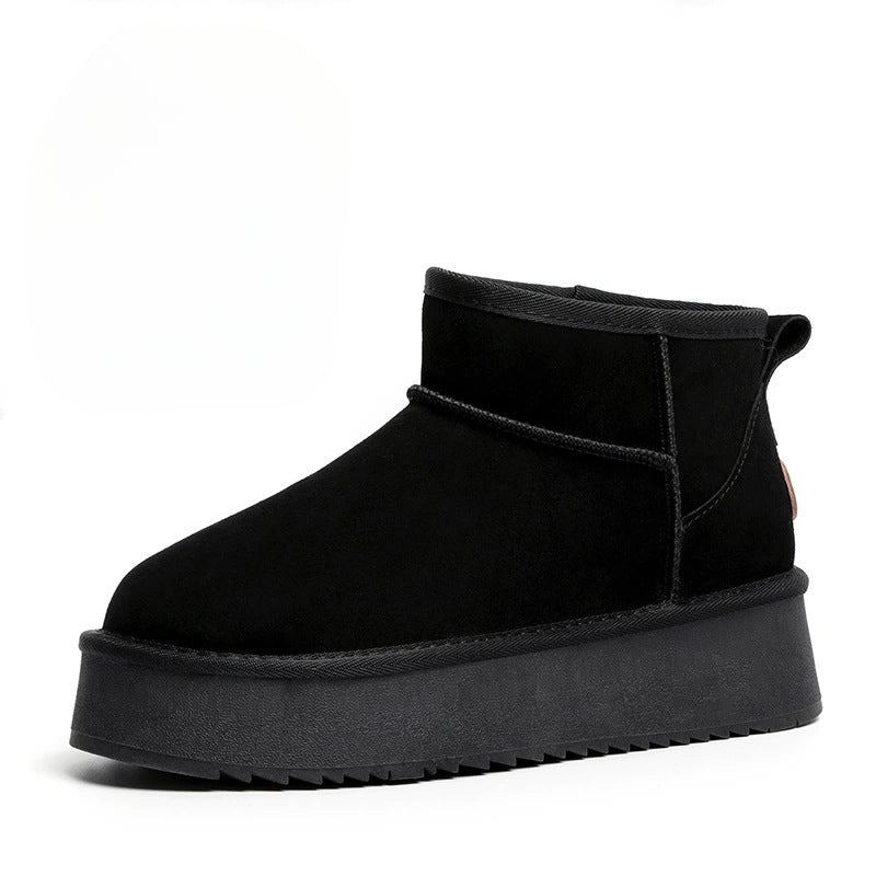 Vera Voss brown suede platform ankle boots with plush fuzz lining and modern streamlined silhouette