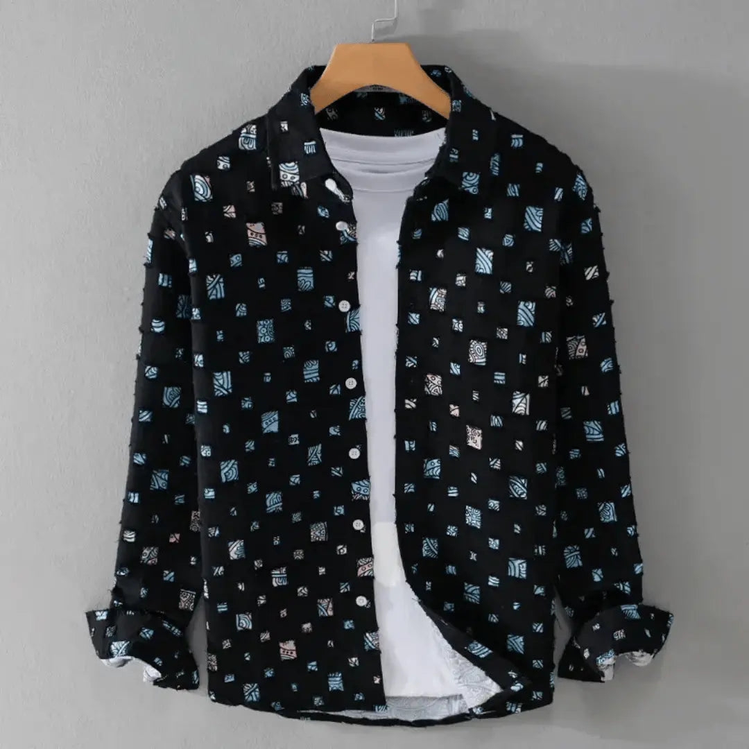 Alessandro blue patchwork frayed denim shirt casual modern cut with colorful frayed edge detailing