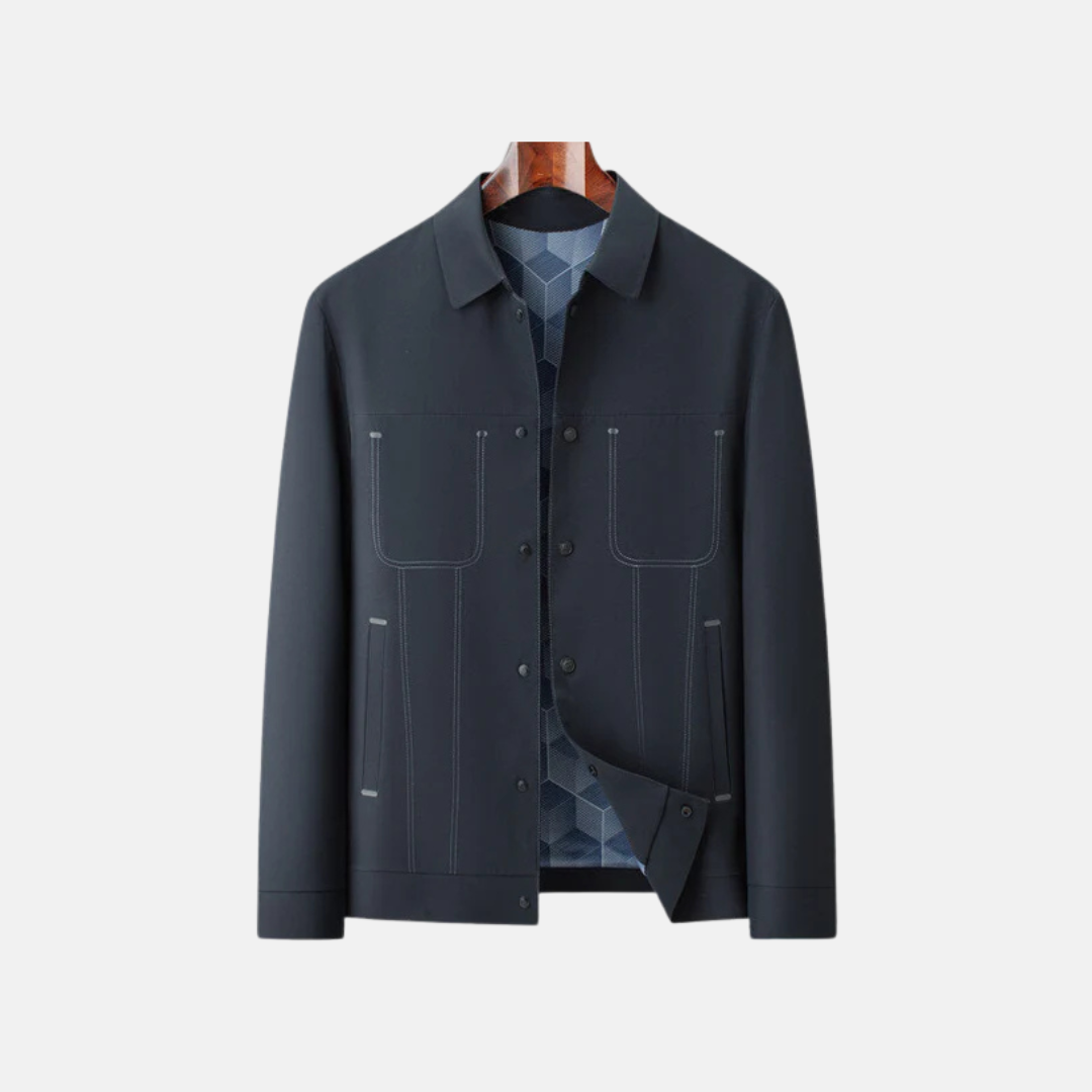 Men's relaxed fit casual hip-length jacket with button front and patterned lining by Wavlynn
