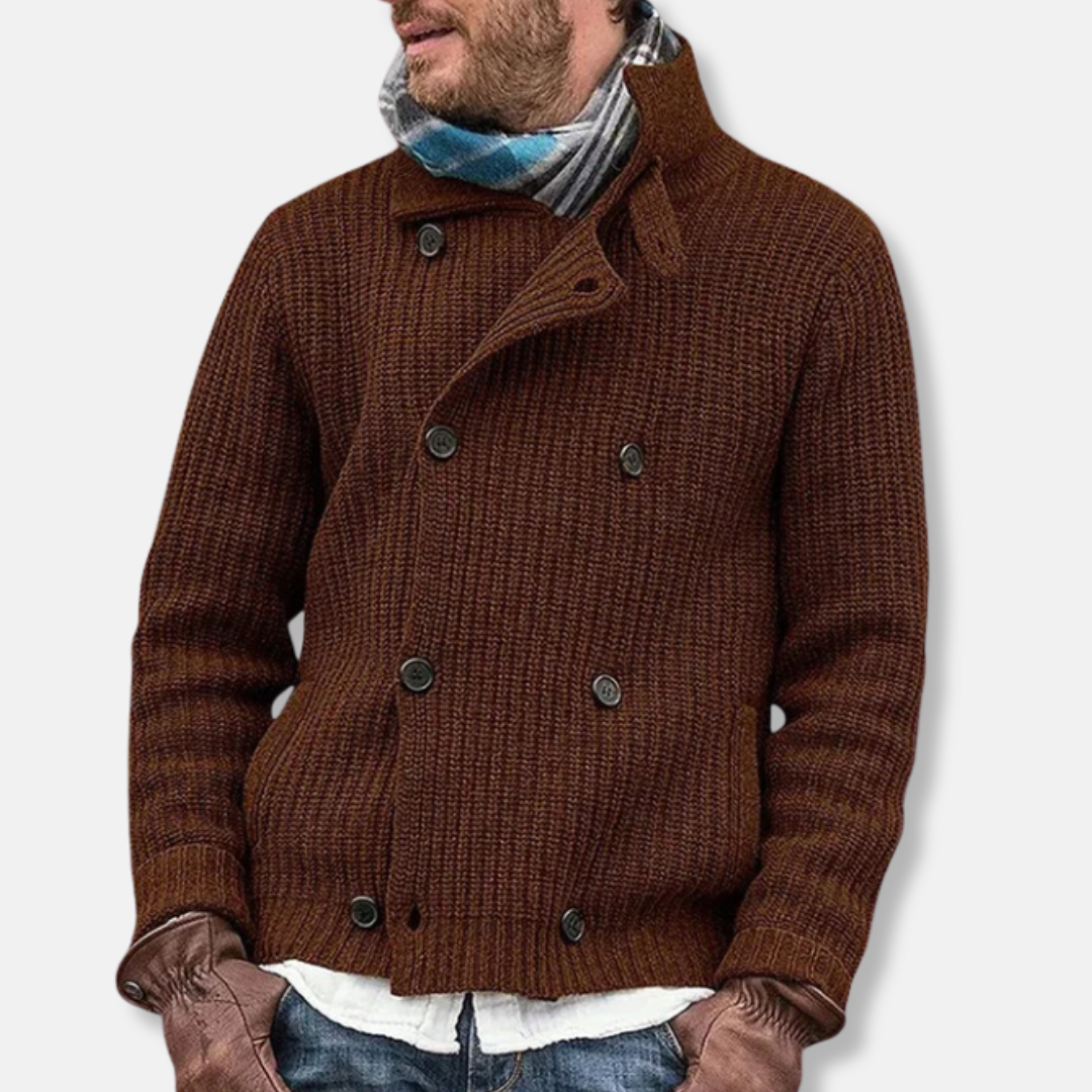 Men's wool blend double-breasted knit jacket warm structured fall winter outerwear polished silhouette