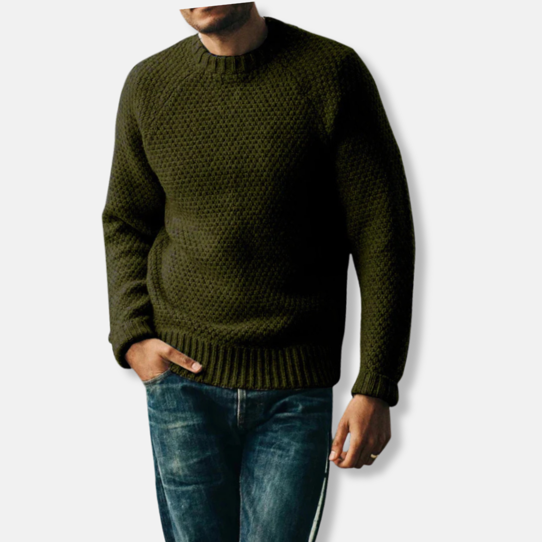 Men's gray wool blend crew neck knit sweater relaxed fit with raglan sleeves casual style