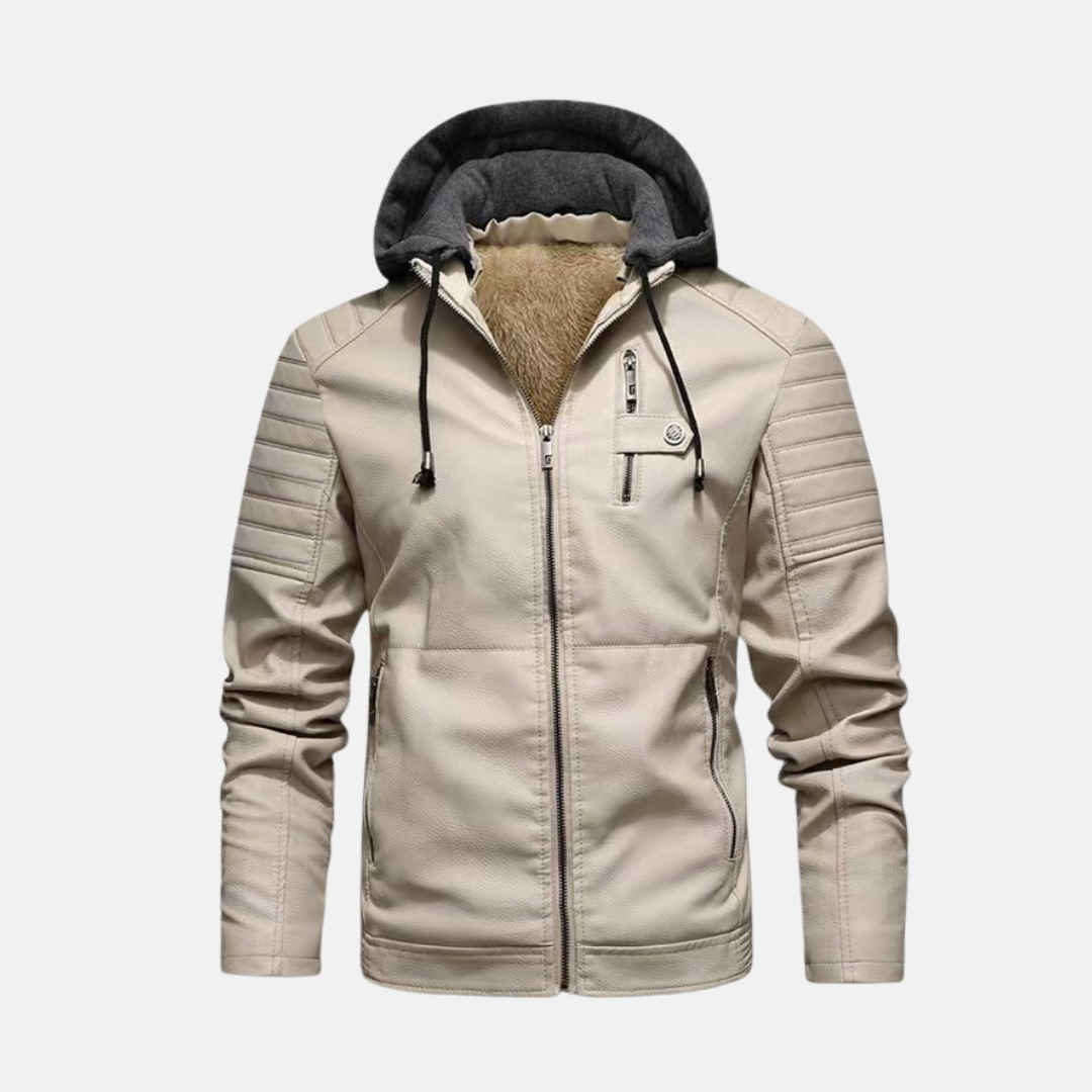 Men's slim-fit black PU leather hoodie jacket with quilted shoulders and plush lining zipper closure