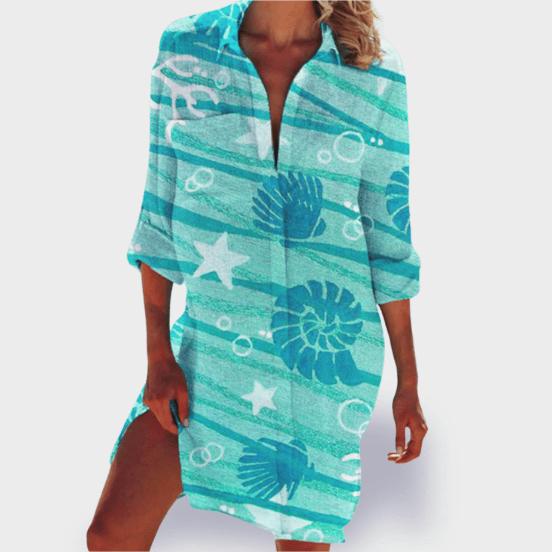 Women's flowy draped casual summer dress in vibrant multicolor with curve-flattering silhouette