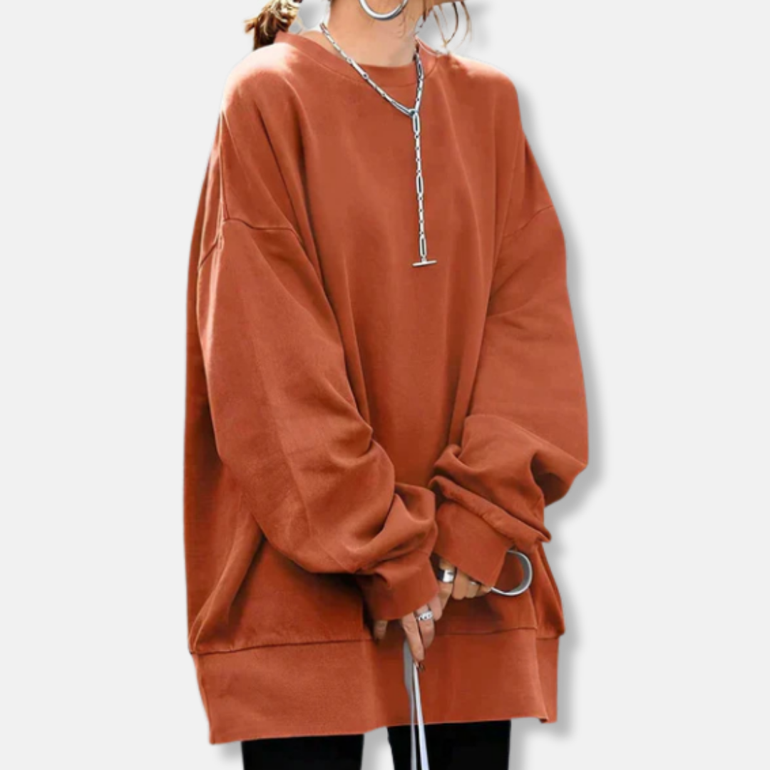 Women's oversized soft knit tunic sweatshirt with ribbed crew neck in relaxed silhouette