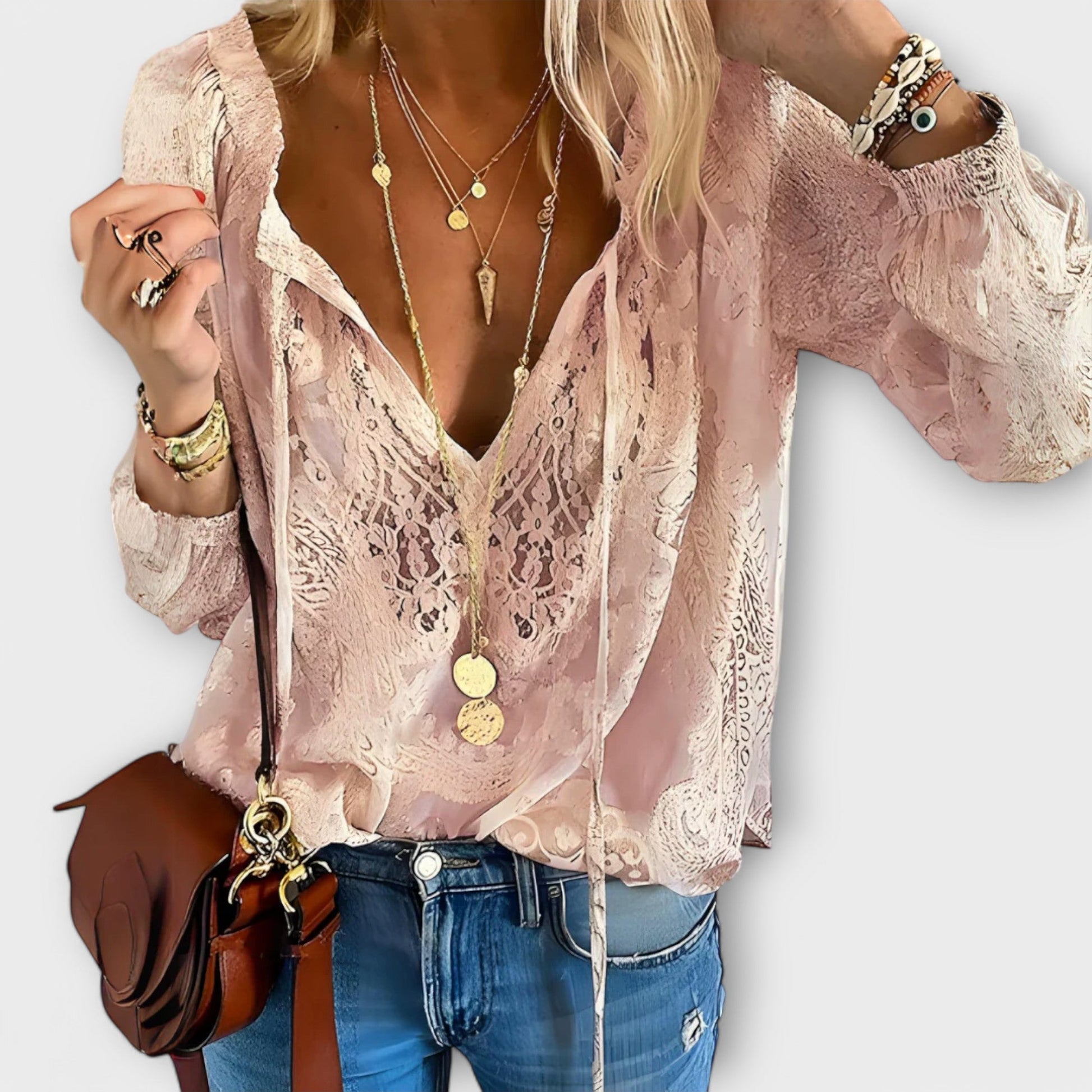 Women's white bohemian lace blouse long sleeve deep V-neck with intricate all-over lace detailing