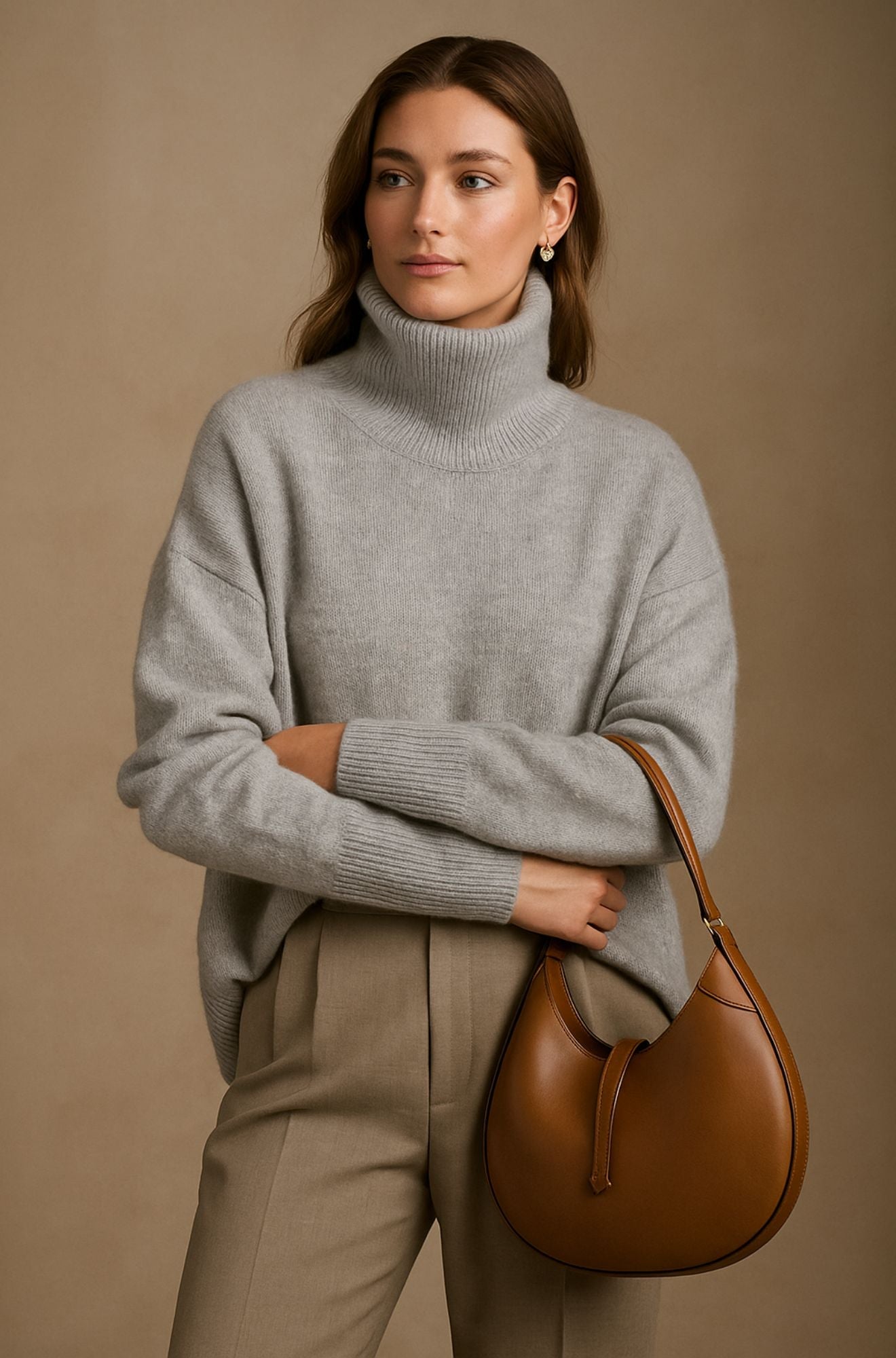 Renata elegant women's cream knit sweater with feminine drape and ultra-soft luxurious silhouette