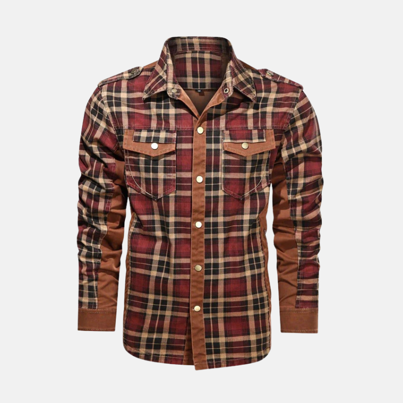 Men's woven plaid shirt jacket hip-length regular fit with pointed collar smart casual layering