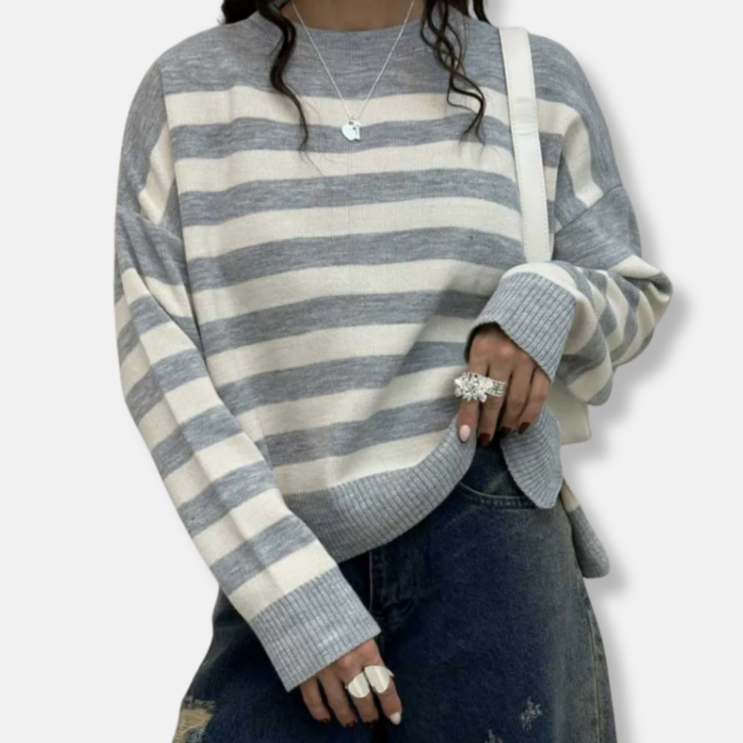 Women's loose fit striped crew neck knit sweatshirt with ribbed hem in classic casual style