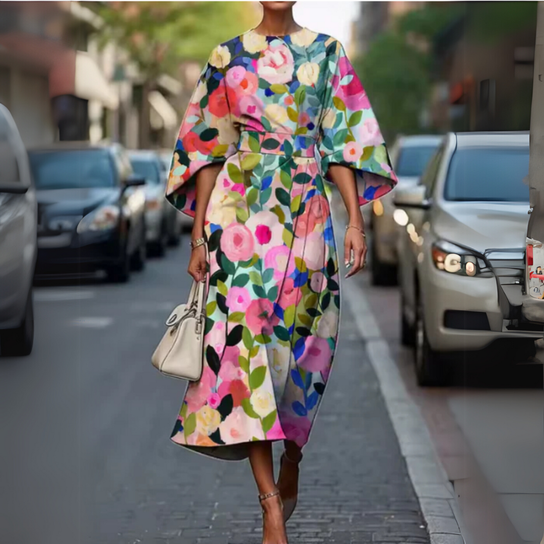 Lucia cotton midi wrap dress with asymmetrical hem and quilted cinched waist in neutral tones