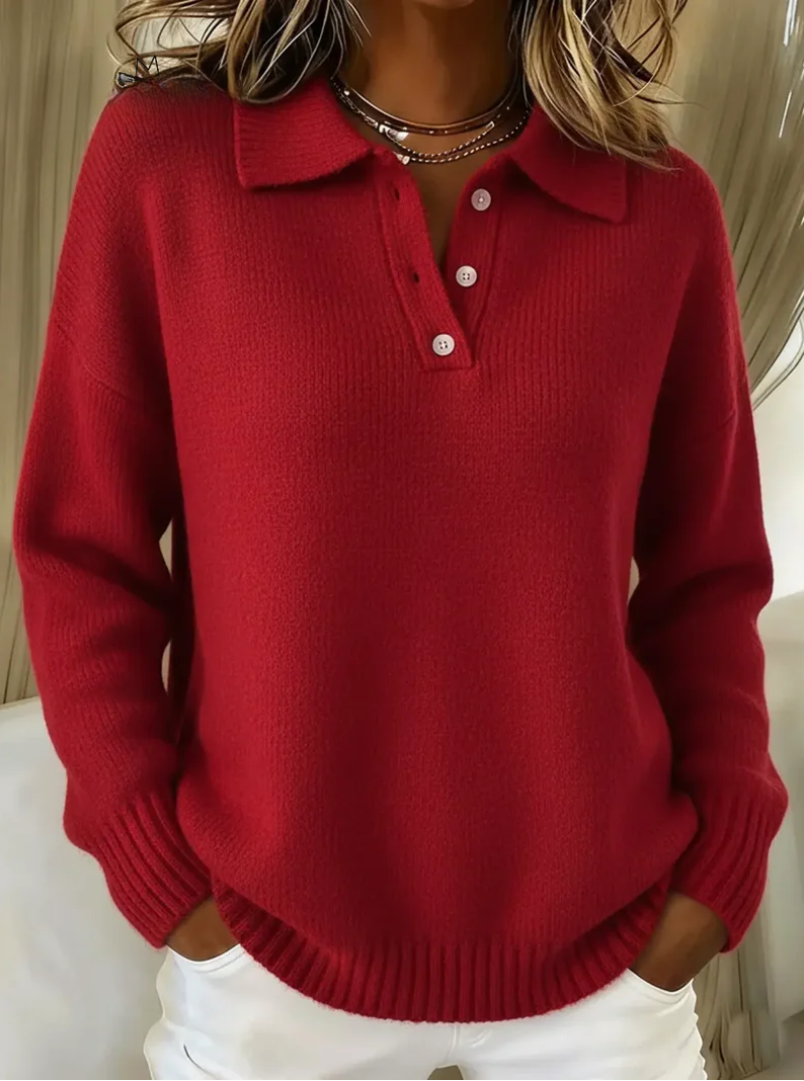 Navy blue polo sweater with structured collar, button detail, classic refined cut for everyday wear