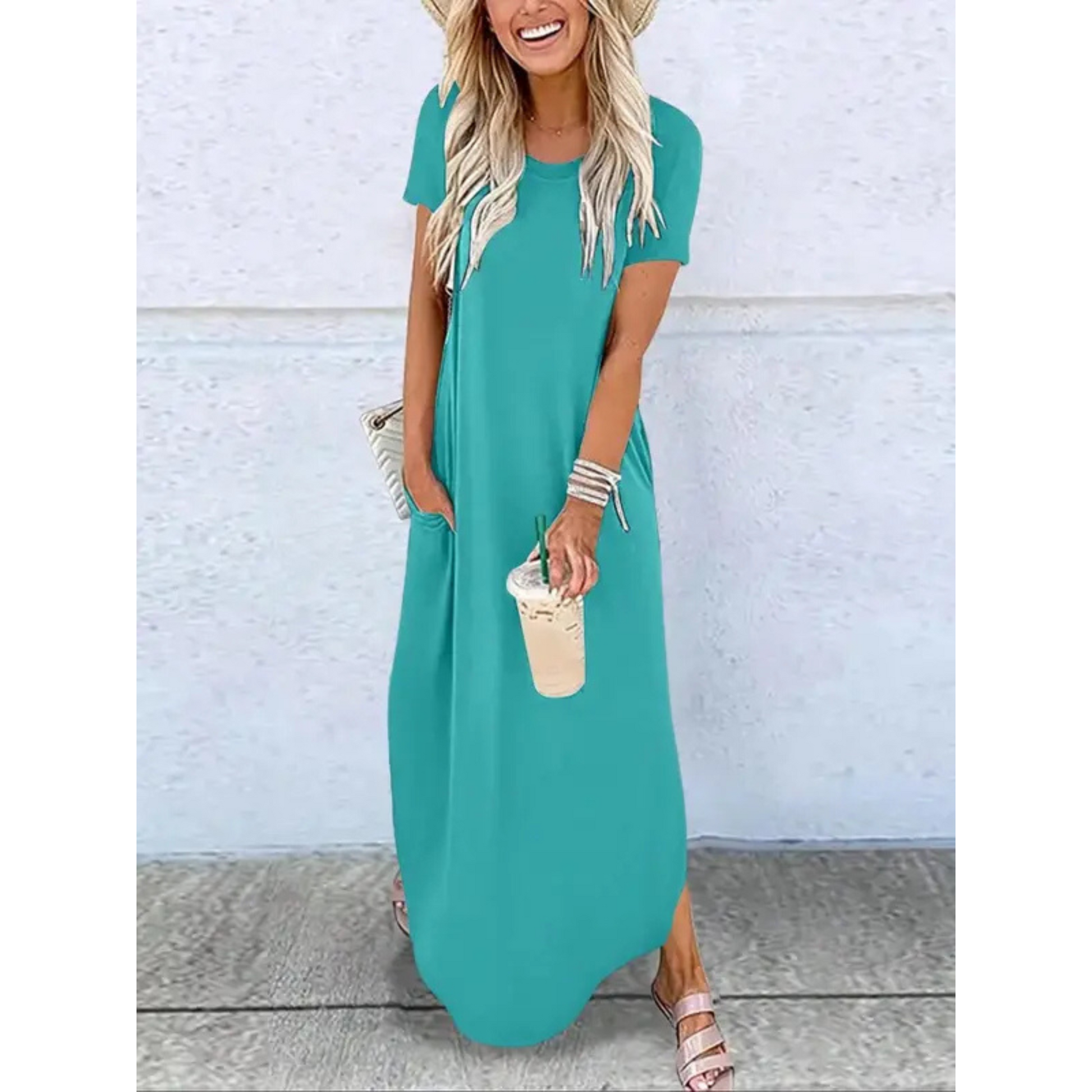 Casual summer maxi dress with round neckline, relaxed fit, light breezy fabric for warm days