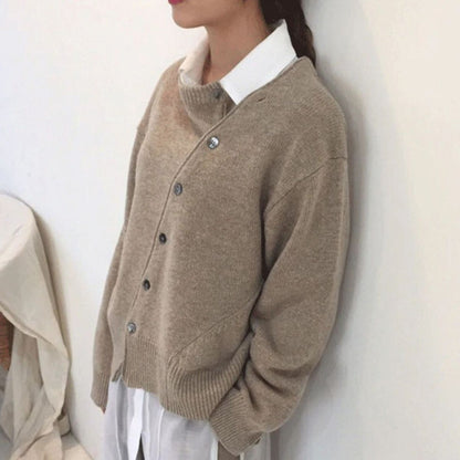 Hazel™ women's modern chic cardigan asymmetrical button detail cozy sophisticated everyday layering