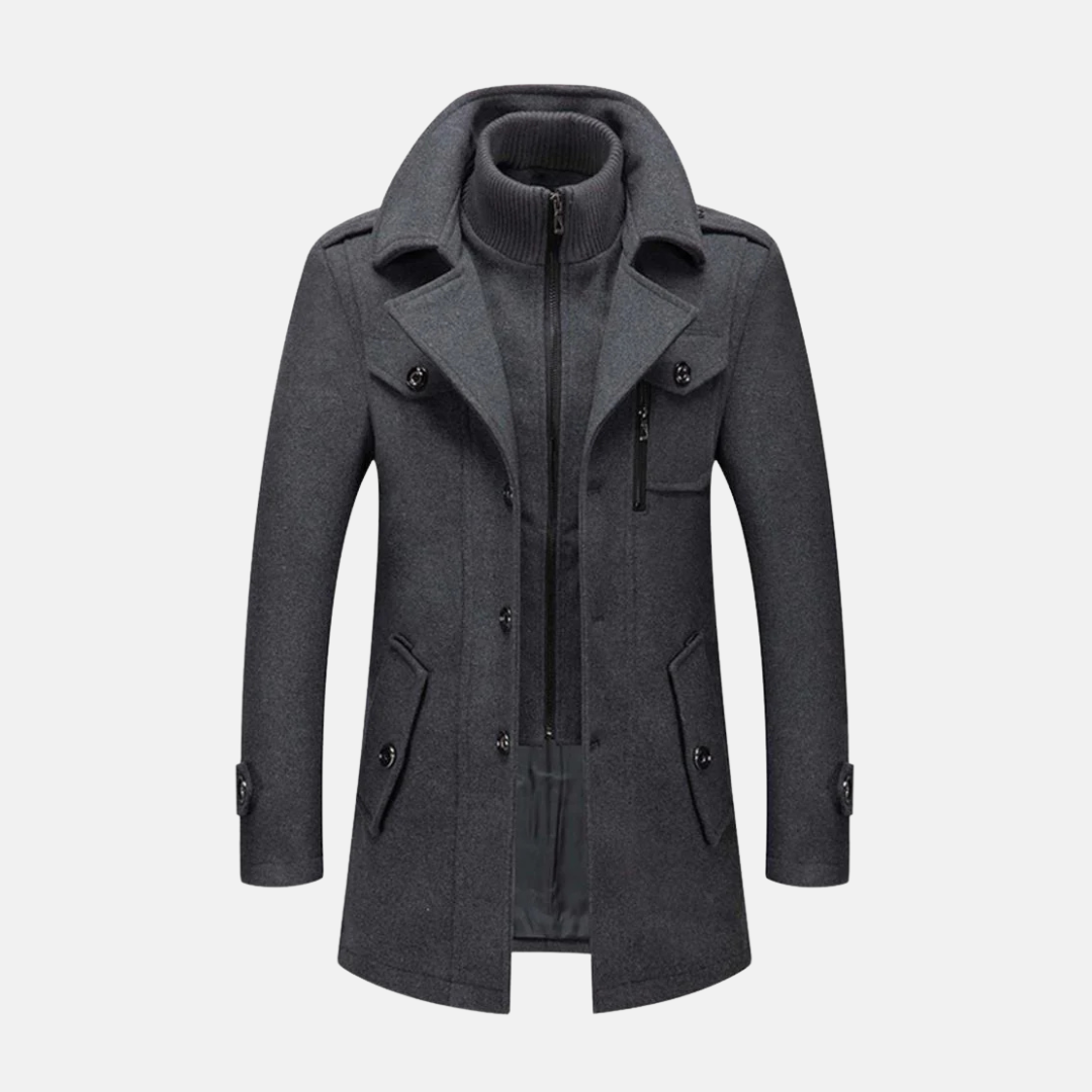Men's slim fit mid-thigh wool blend coat in neutral tone with double collar and epaulet details