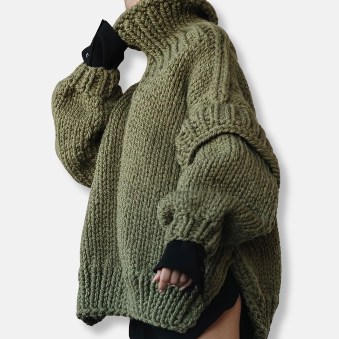 Women's oversized chunky knit wool turtleneck pullover sweatshirt in cozy textured weave
