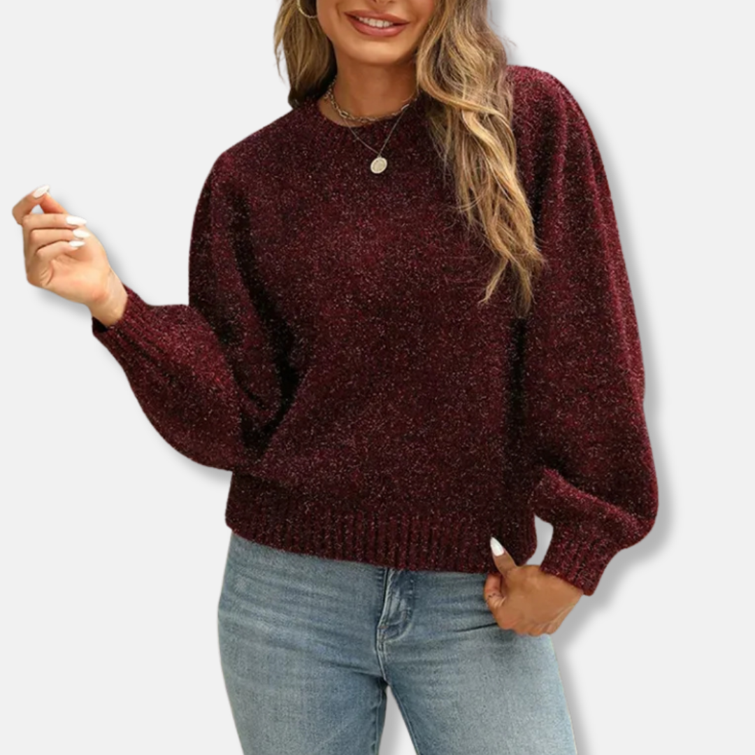 Women's cream plush knit relaxed fit sweatshirt with puff sleeves and crew neck casual style