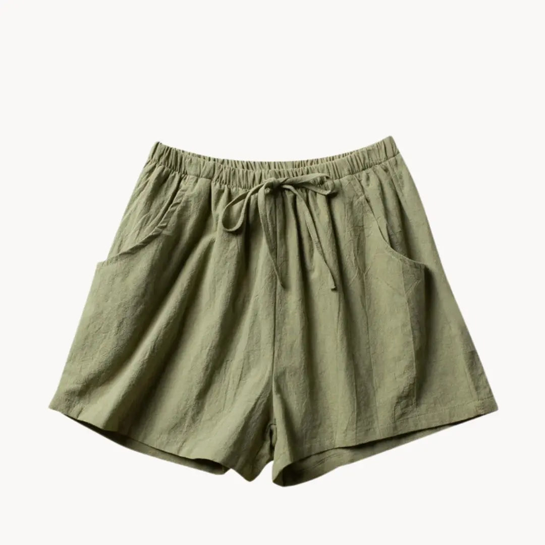 High waist linen shorts with elastic drawstring waistband and slant pockets for casual summer style
