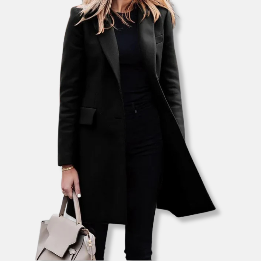 Women's camel wool blend longline coat tailored fit notched lapels flap pockets professional style