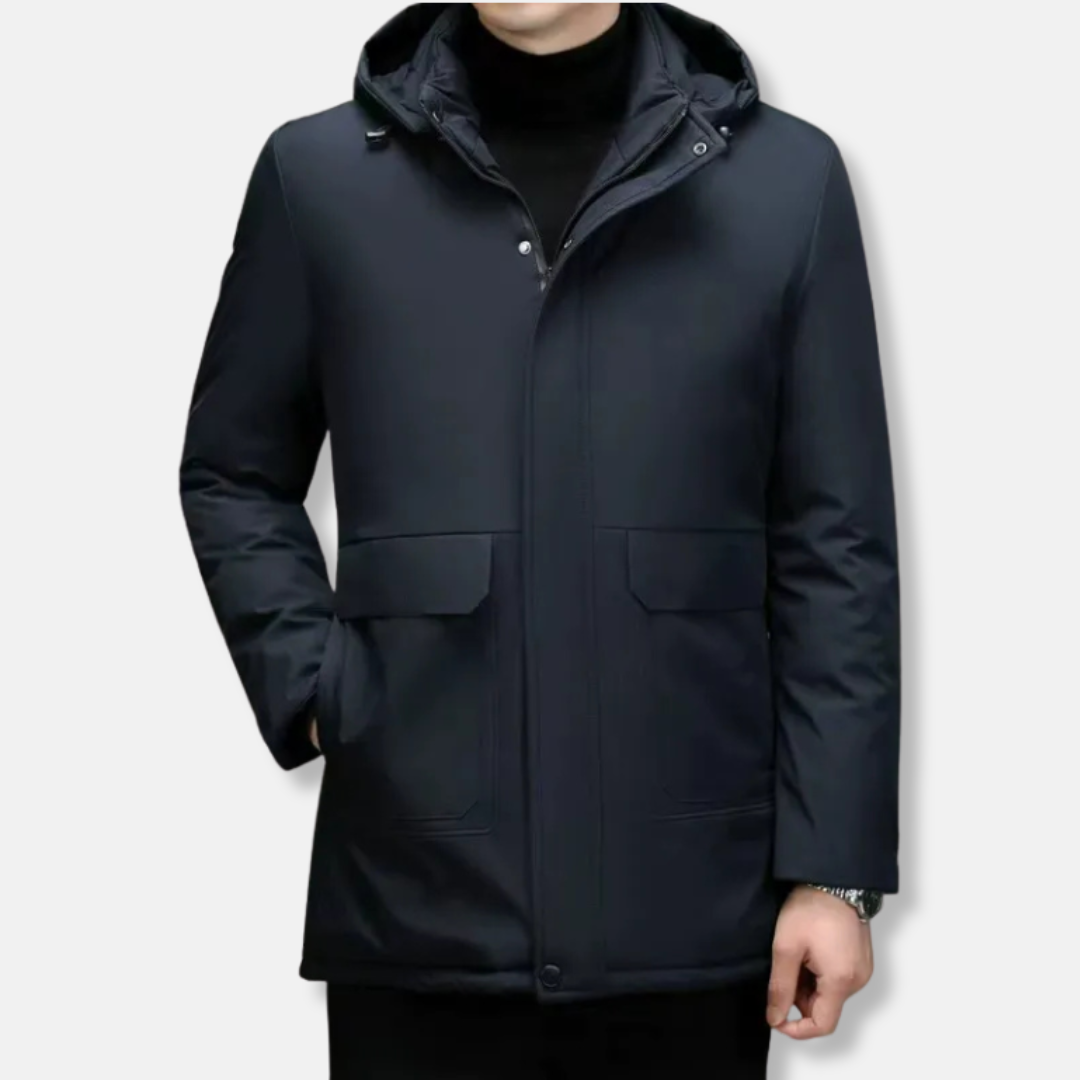 Men's padded insulated hooded coat windproof regular fit hip-length winter outerwear in modern silhouette