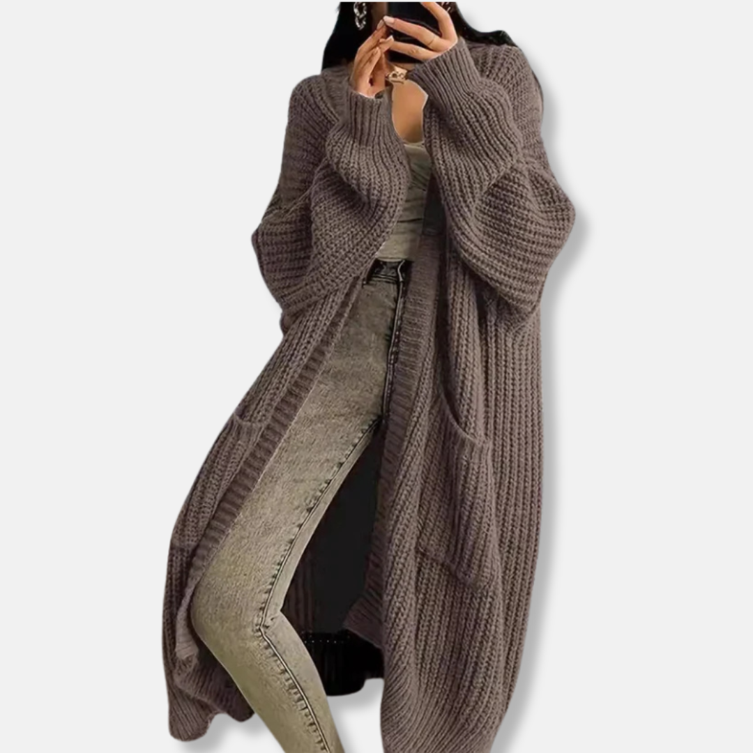 Women's ribbed knit maxi cardigan oversized open-front silhouette with pockets, cozy fall layer