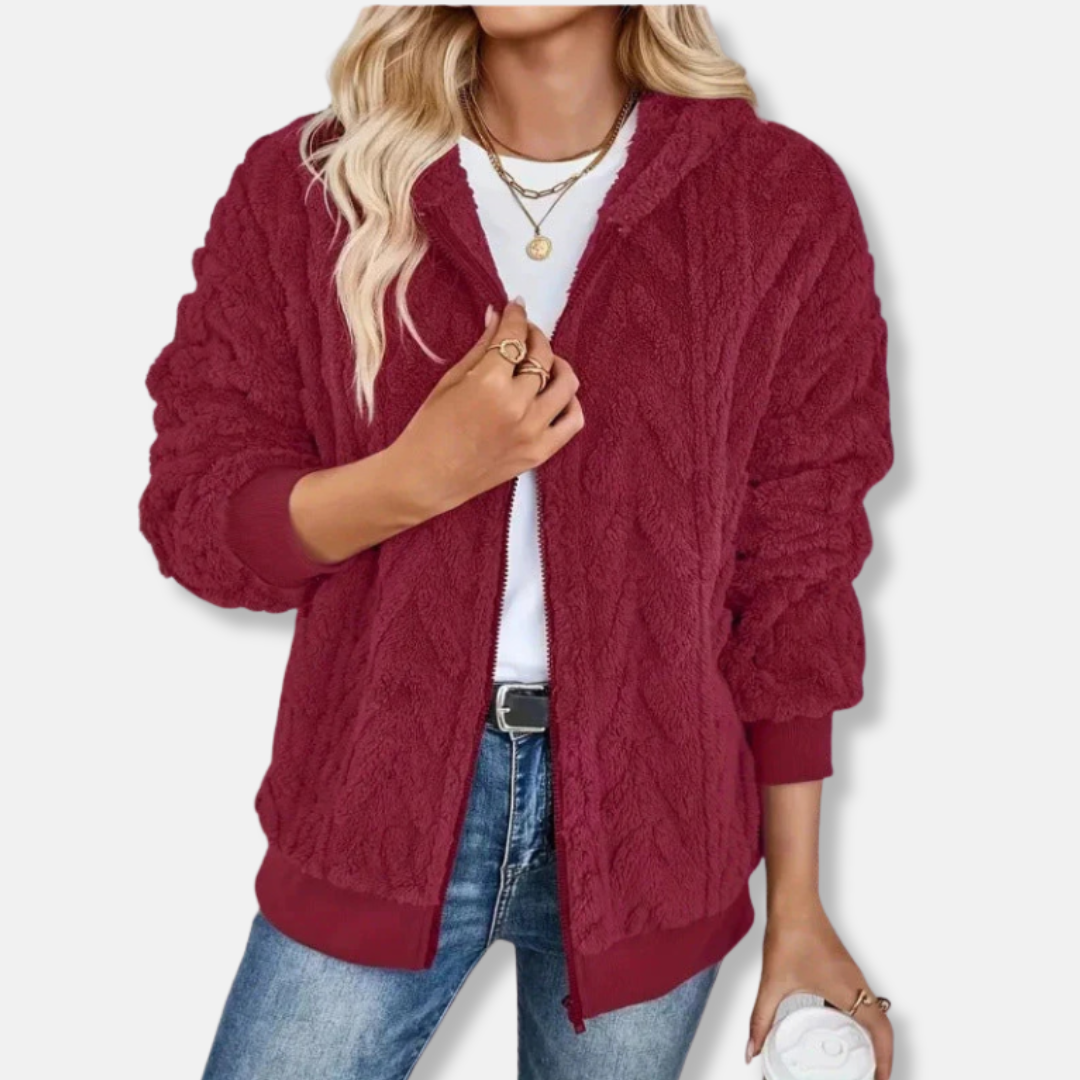 Women's oversized plush knit hooded jacket full-zip cozy relaxed fit in ultra-soft velvety fabric