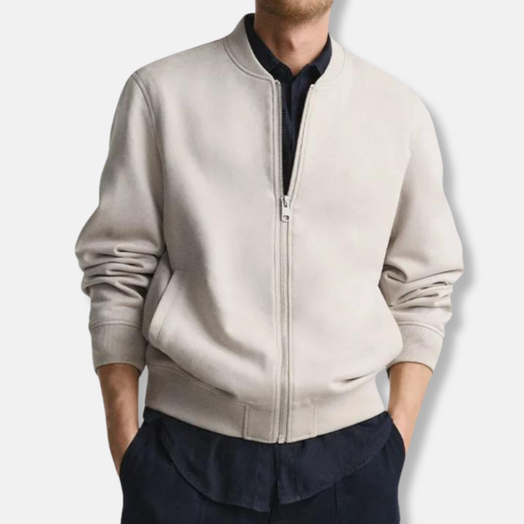 Men's cognac brown suede bomber jacket zip closure ribbed edges everyday comfort PU leather