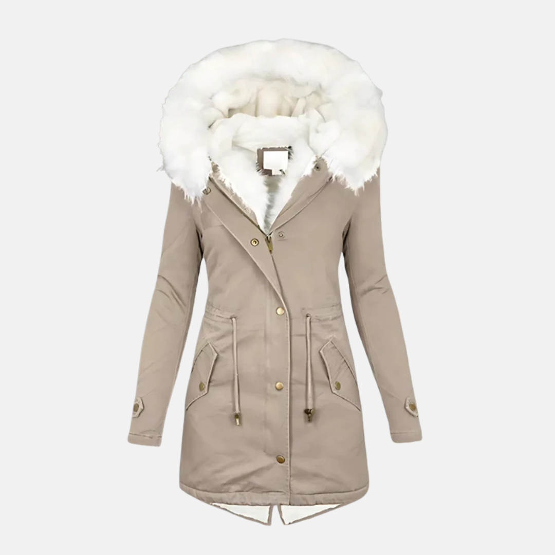 Women's slim fit mid-length parka coat with faux fur hood trim, water-resistant winter outerwear