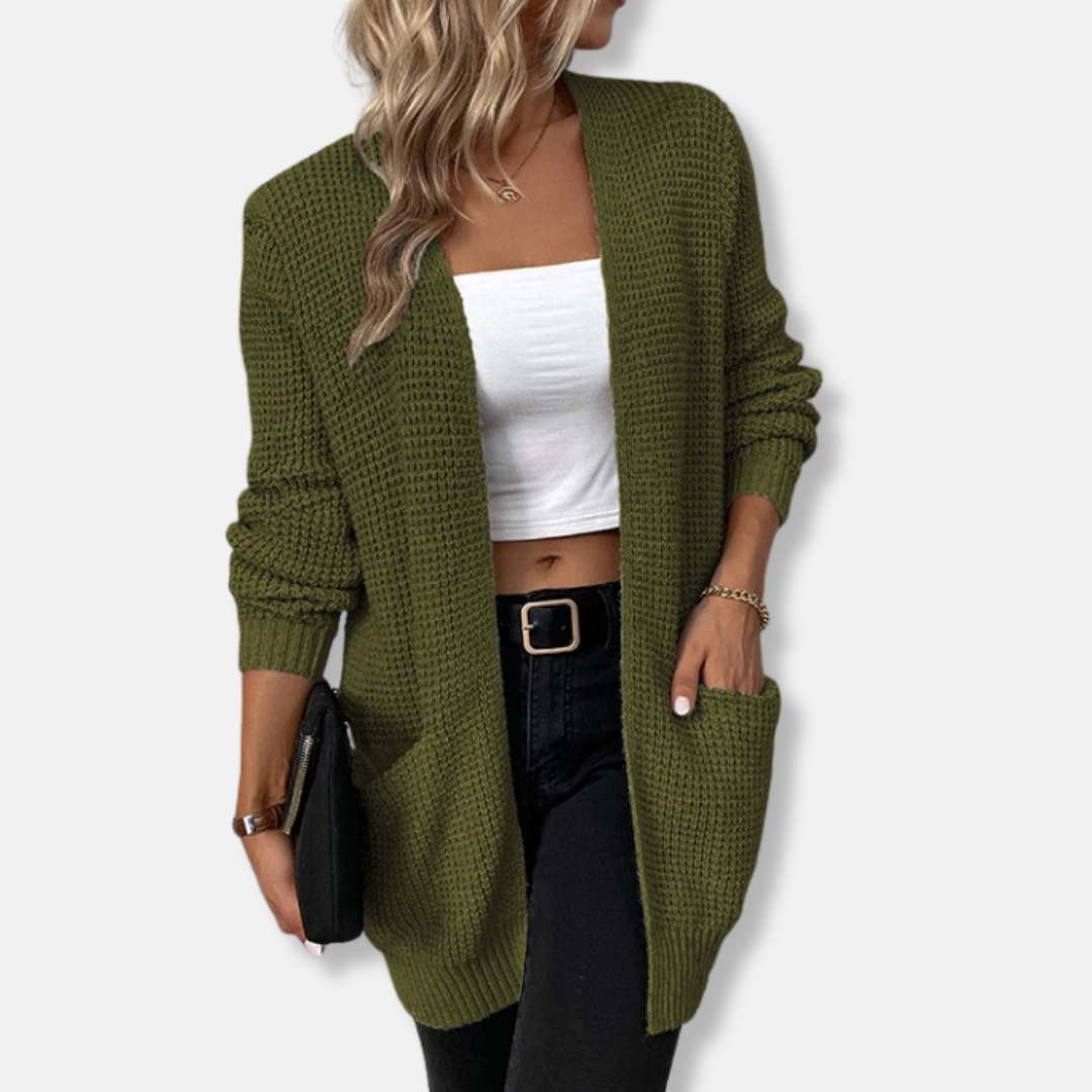 Women's relaxed fit open front waffle knit cardigan with patch pockets, cozy everyday essential