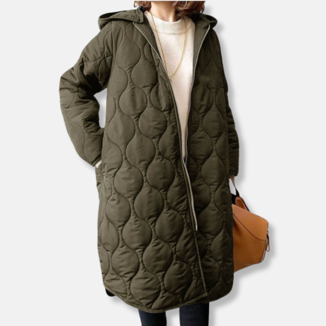 Women's oversized long quilted hooded jacket with zip closure, cozy fall winter outerwear layer