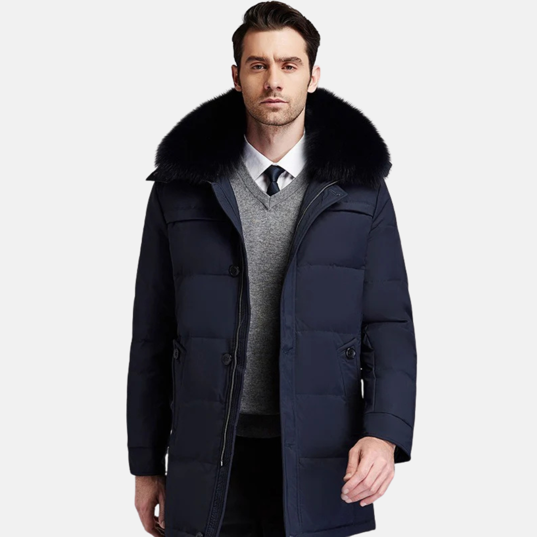 Men's mid-length black puffer coat with detachable fur trim stand-up collar smart-casual winter outerwear