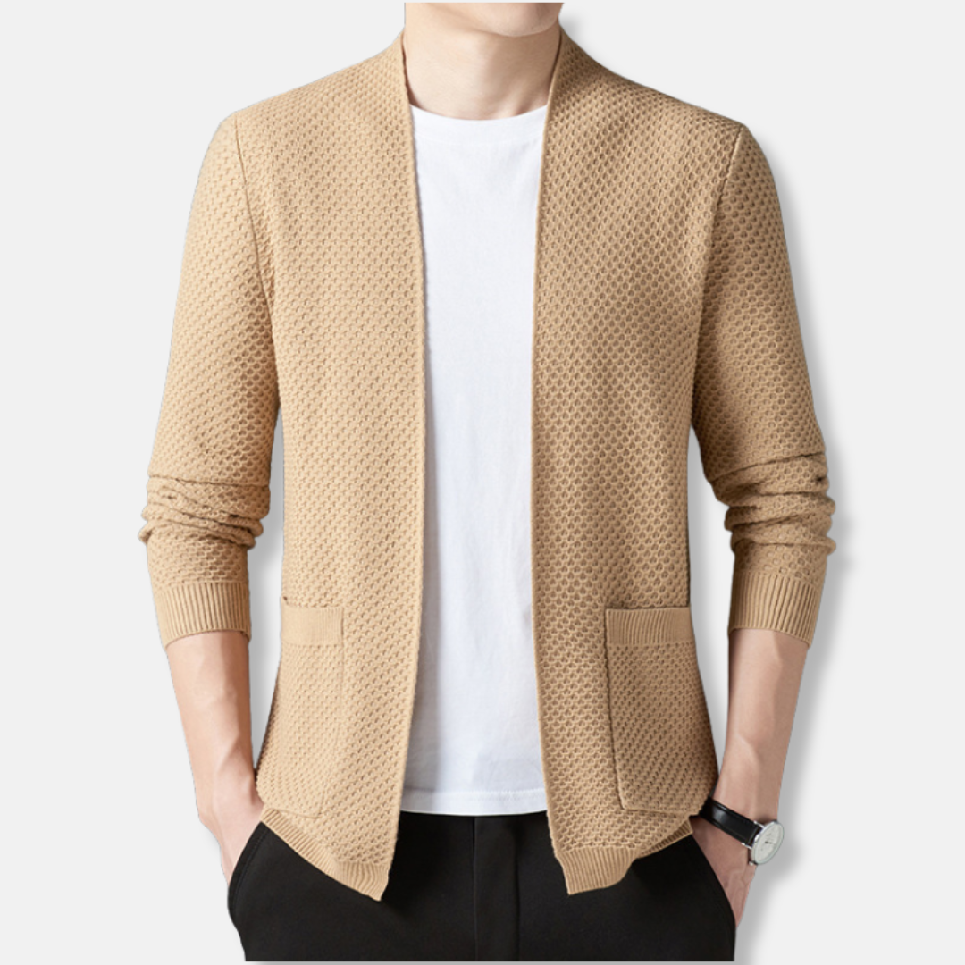 Men's navy open-front waffle knit cardigan relaxed fit hip length fall layering essential
