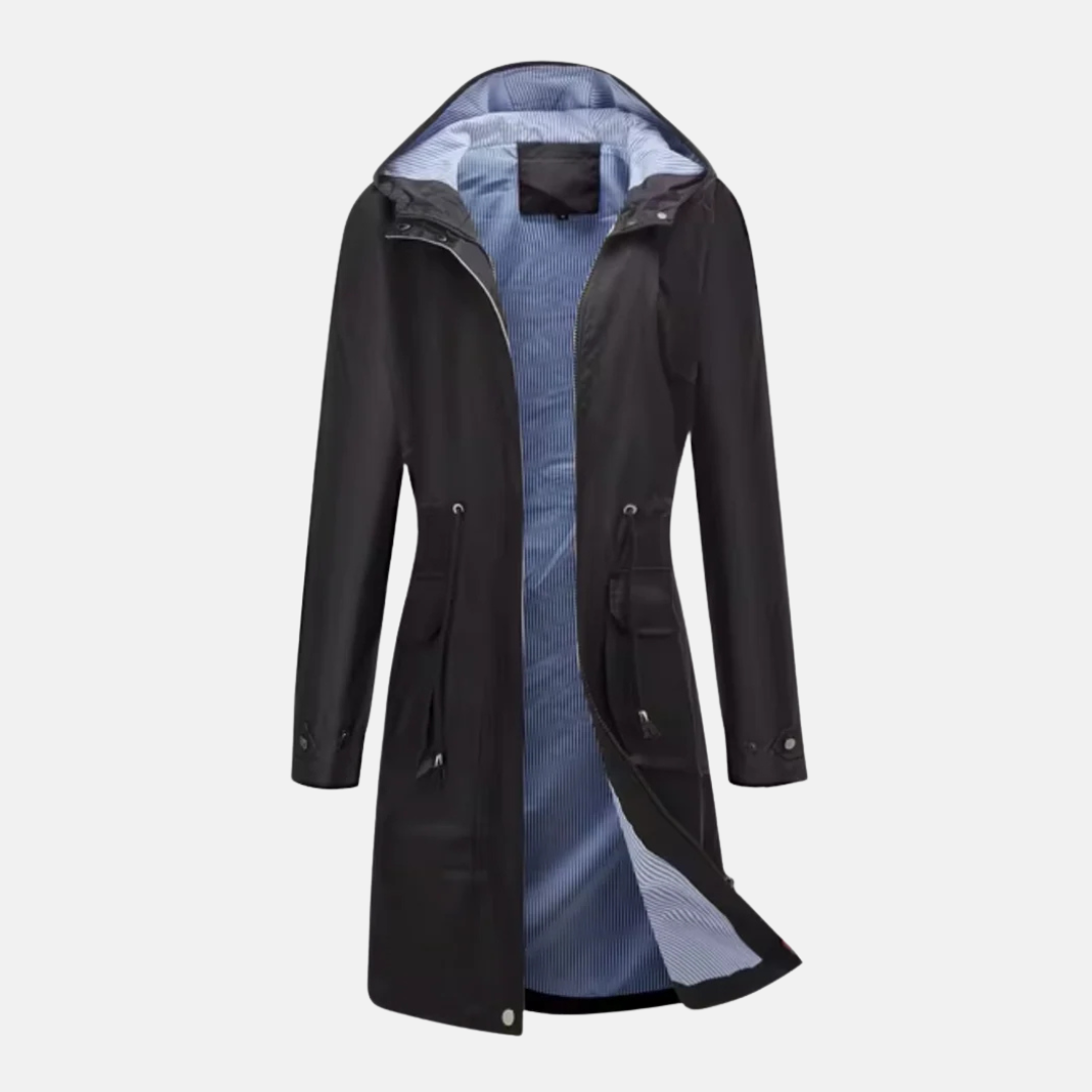 Women's long hooded rain jacket water-resistant zip front adjustable waist all-weather trench style