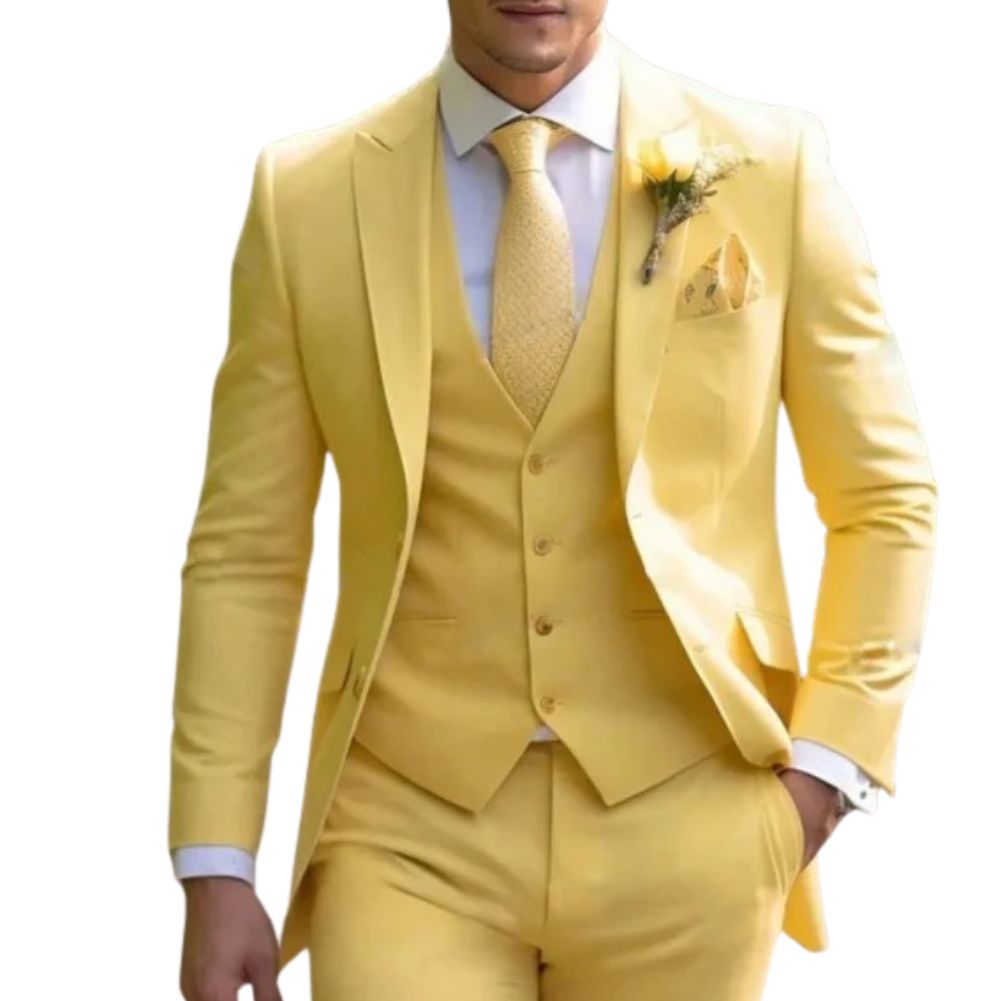 Men's slim fit three-piece formal suit in classic black with matching vest for weddings and black tie