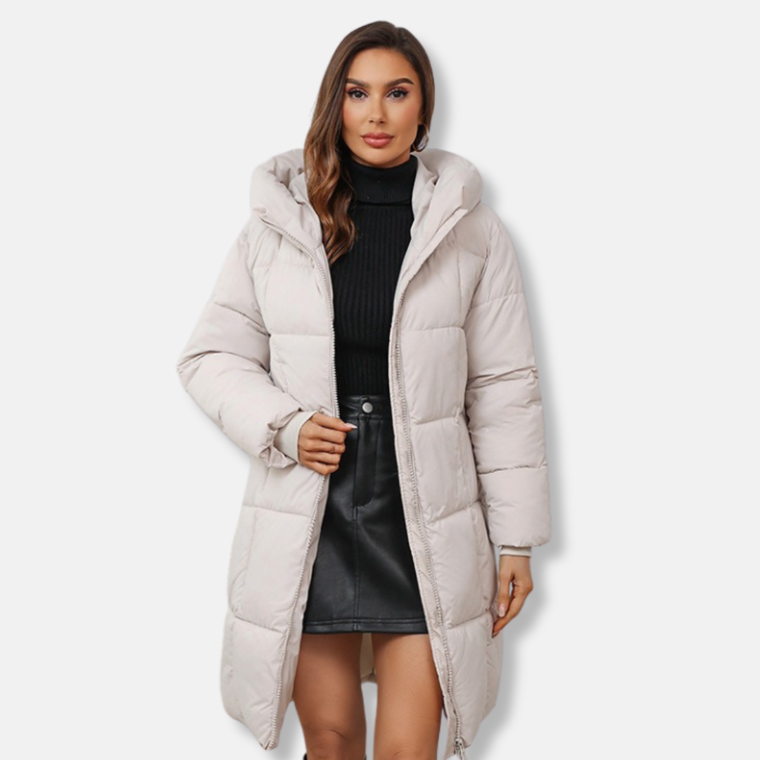 Women's slim fit quilted mid-length puffer coat with hood, insulated winter outerwear