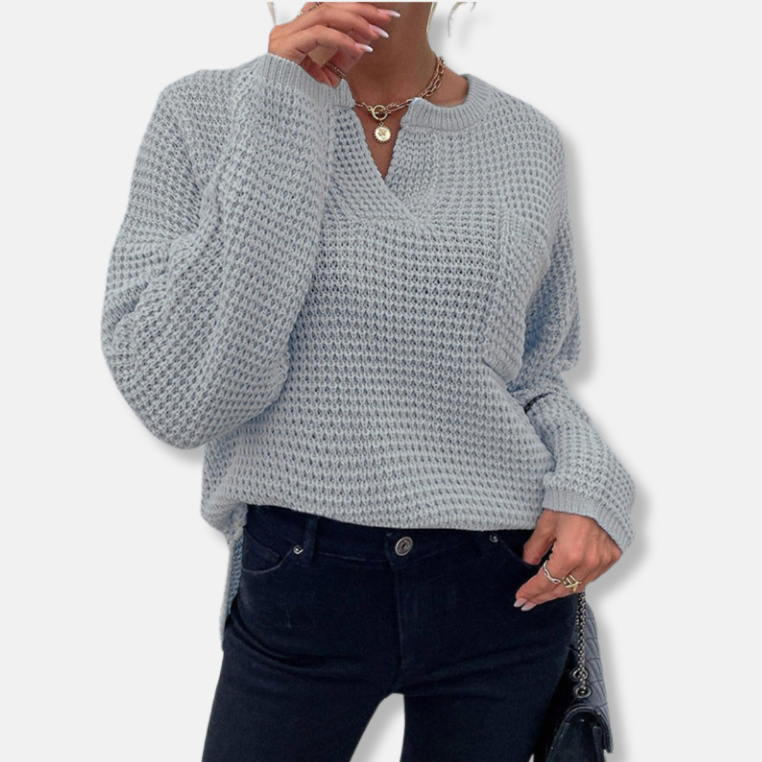 Women's waffle knit sweater notched round neck relaxed fit cuffed long sleeves cozy chic everyday style