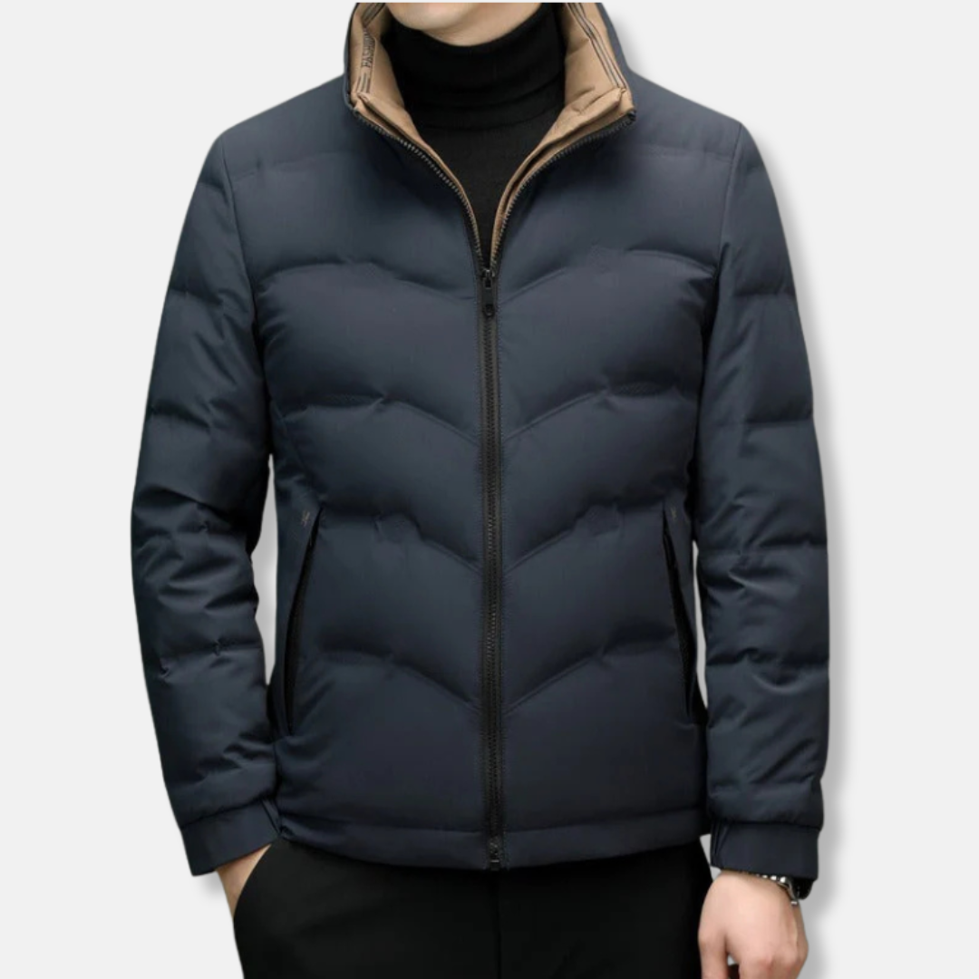 Men's black quilted chevron jacket with stand-up collar and zipper pockets for warm winter style